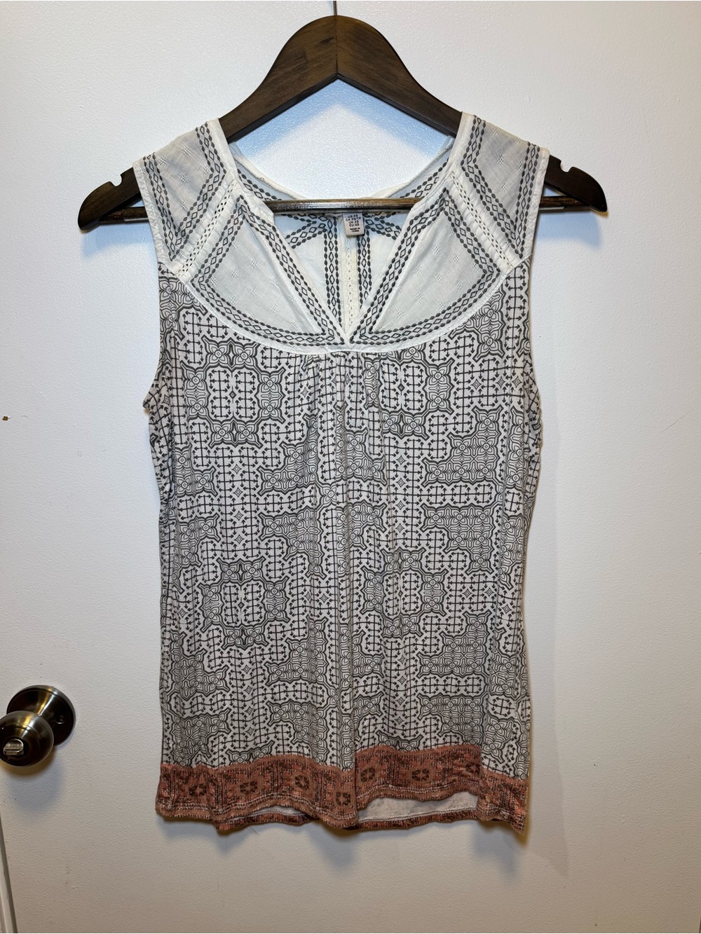 Lila Rose White Tank Top with Black Geometric Print and Coral Trim